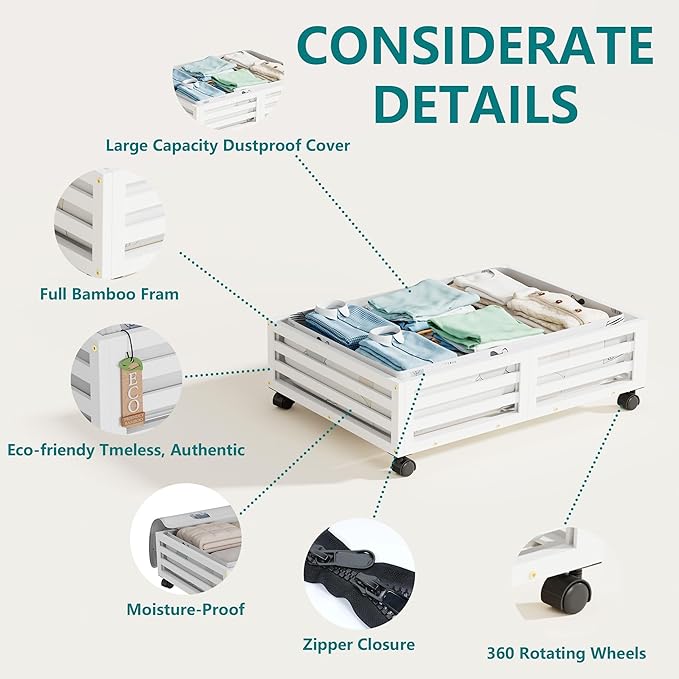 Bamboo Under Bed Storage Containers- Underbed Organizer with Wheels with Large Capacity Dust Bag,Sturdy Wood Rolling Under Bed Shoe Storage Organizer 2 Packs (White, 2 Packs (23.62"×16.54"))