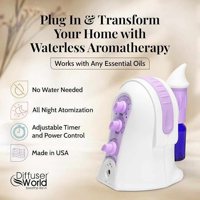 Waterless Diffuser for Essential Oils 12V Aroma-Ace™, Made in USA Lavender Aroma Atomizer Waterless Essential Oil Diffusers for Home Large Room, Air Aromatherapy Home Scent Diffusers