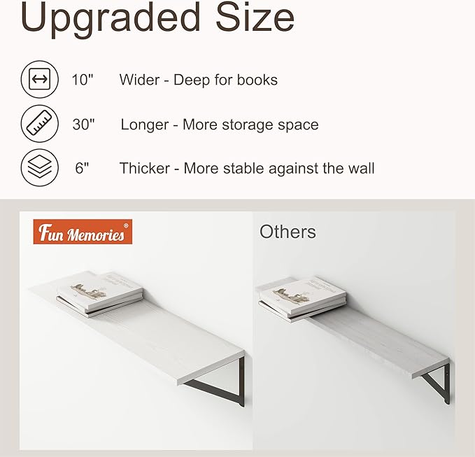 10 Inch Deep Floating Shelves, White Floating Shelves 30 Inch Long, Rustic Wood Wall Shelves 30"W x 10"D, Deep Floating Shelf with Bracket, Wide Storage Shelves for Books, Living Room, Bathroom