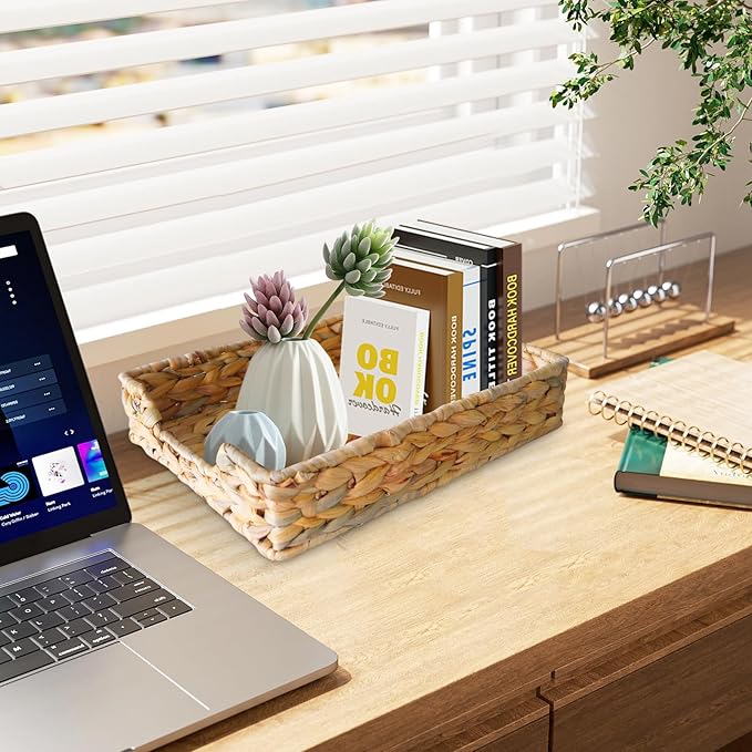 1 Pc A4 File Tray, Natural Water Hyacinth Desk Basket, Wicker Paper Tray File Basket for Desk Organizer, Woven Letter Size Documents Trays for Office,Toilet Tank Organizer