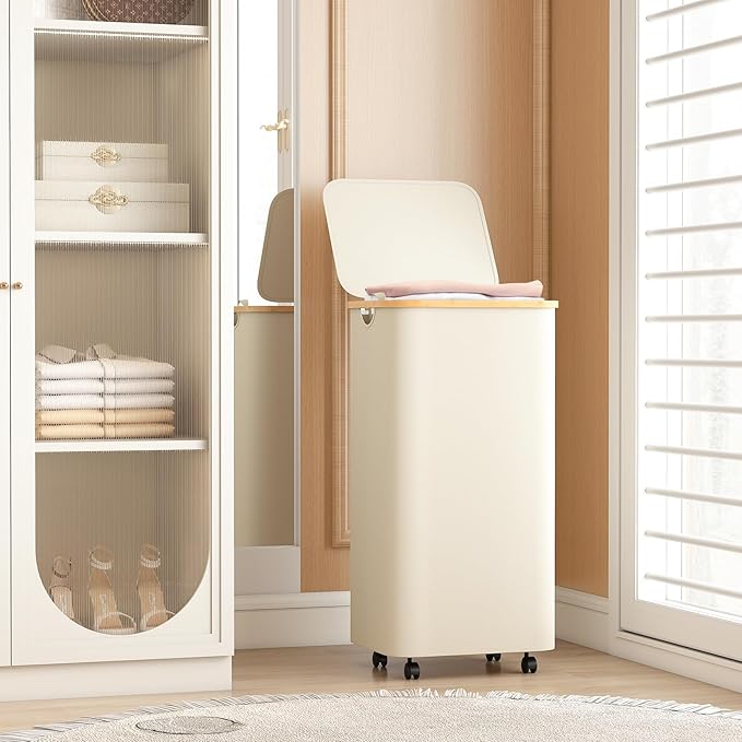 Yecaye 100L Large Capacity Laundry Hamper – Foldable Rolling Laundry Basket, Mobile Clothes Hamper with Wheels, Removable Inner Bag, Bamboo Handle Lid Laundry Bin – Multi-Use Storage,Beige