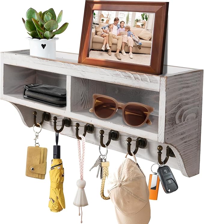Key Holder Wall Mount - Mail Organizer Wall Mount with 6 Key Hooks and Storage Box for Sunglasses Storage and Dog Leash Holder Home Decor Rack Apartment Farmhouse Shelf Entryway Organizer (White)