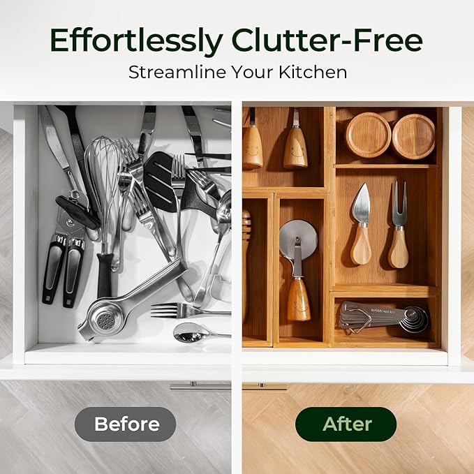10-Piece Bamboo Drawer Organizer Set, 2.2" Deep Multi-Use Organizers for Utensils, Silverware, Cutlery, Desk, Bathroom, Junk Drawer & Makeup, Non-Slip Feet Included.