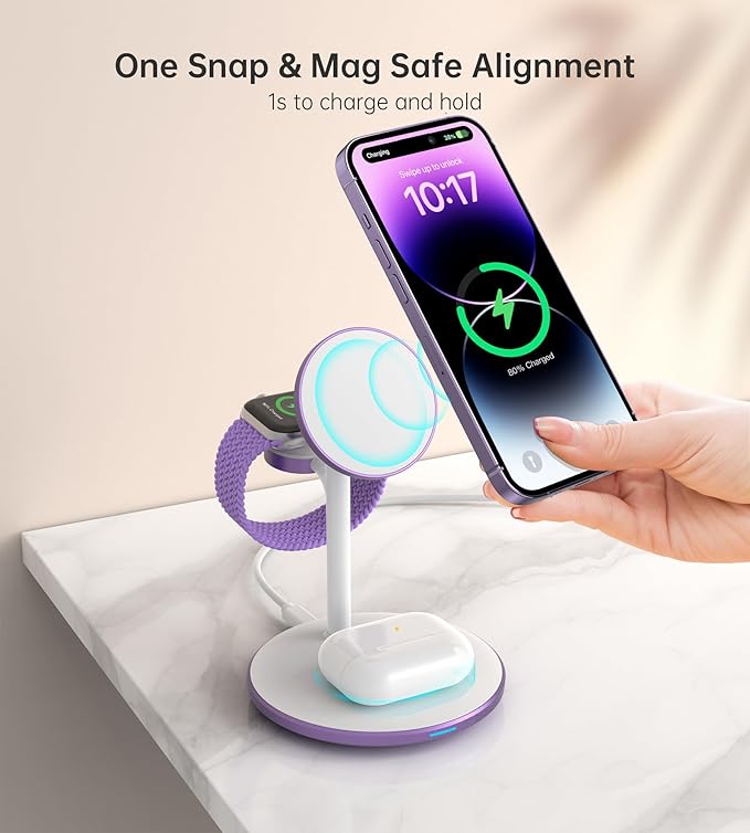 XooFly 3 in 1 Wireless Charging Station for Apple Devices, Fast Wireless Mag-Safe Charger Stand with 20W Adapter for iPhone 17/16 15 14 13 12 Pro Max/Pro/Plus/Air/Mini, iWatch, AirPods (Lavender)
