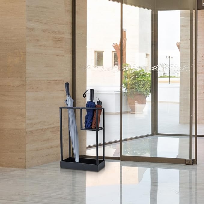 MyGift Modern Black Metal Entryway Umbrella Rack with Geometric Design, 13 x 5-inch Wide Rectangular Freestanding Cane Umbrella Holder with Shelf for Small Umbrellas and Bottom Drip Catch Tray