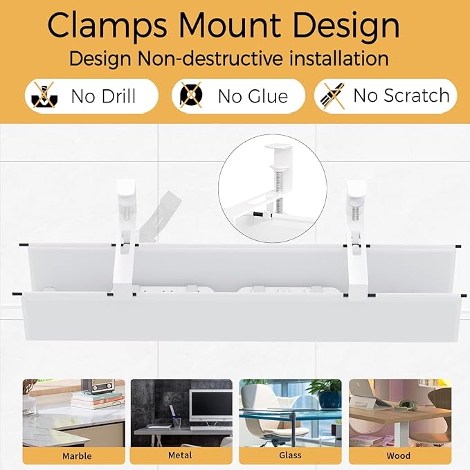 Under Desk Cable Management Tray 27.2" - No Drill Computer Wire Organizer Cable Tray, Cord Hider Clamp Mount with 16X Cable Ties PC Cables Management Cord Holder for Office/Home (Upgrade Fabric,White)