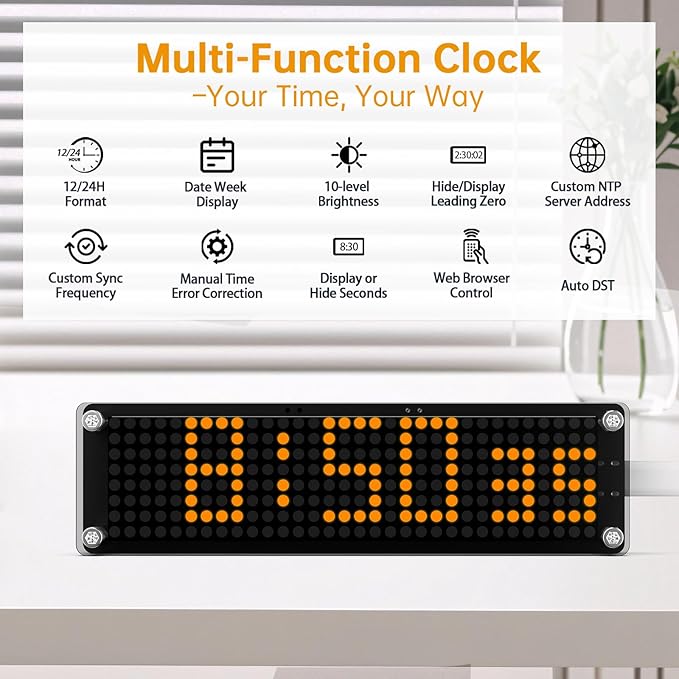 10 Inch Big Digital Clock with WiFi NTP Sync,Smart Large Display Digital Clock for with Seconds Options, DST, 12/24H Format, LED Matrix Desk Clock for Home and Office