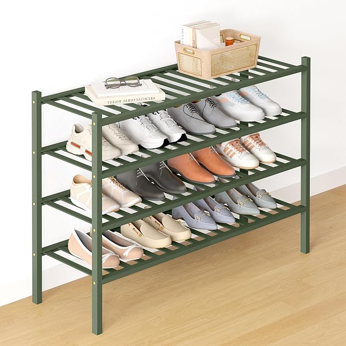 Smiry Bamboo Shoe Rack for Closet, 4 Tier Long Wooden Stackable Shoe Organizer, Free Standing Shoes Storage Shelf for Entryway, Front Door Entrance, Green