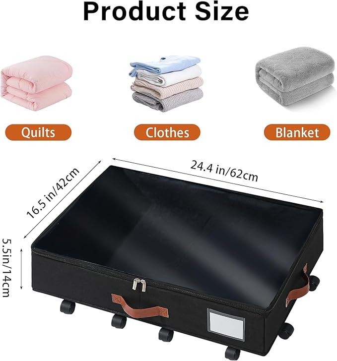 Under Bed Storage Organizer with Wheels, Underbed Container with Clear Lid Cover, Storage Bag Box with Visiable Window for Clothes, Bedsheet, Pillow, 2 Pack，5.5 inches