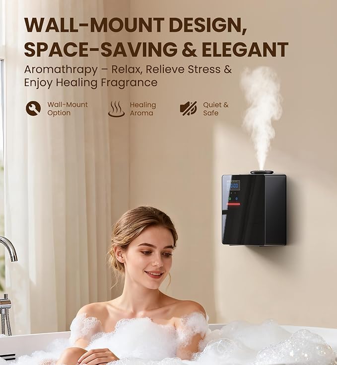Waterless Essential Oil Diffuser 5000 Sq.Ft Coverage for Large Home, Hotel, or Office, 200ml Cold Air Scent Diffuser Machine with Bluetooth App Control, Quiet No-Heat HVAC Fragrance Diffuser