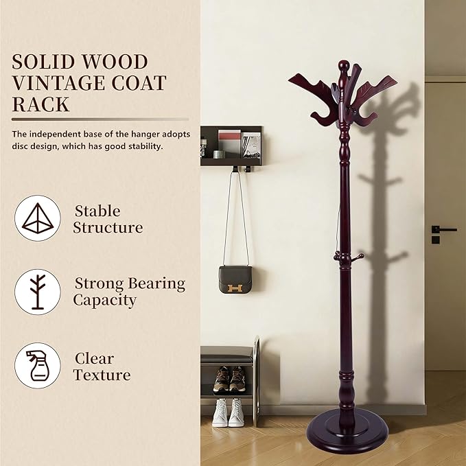 Wooden Coat Rack Freestanding, Creative Brid Hooks, Coat Hanger Stand 11 Hooks, Coat Tree Adjustable Height 73", Round Base, Coat Racks free standing for Entryway Hallway, Porch, Bedroom