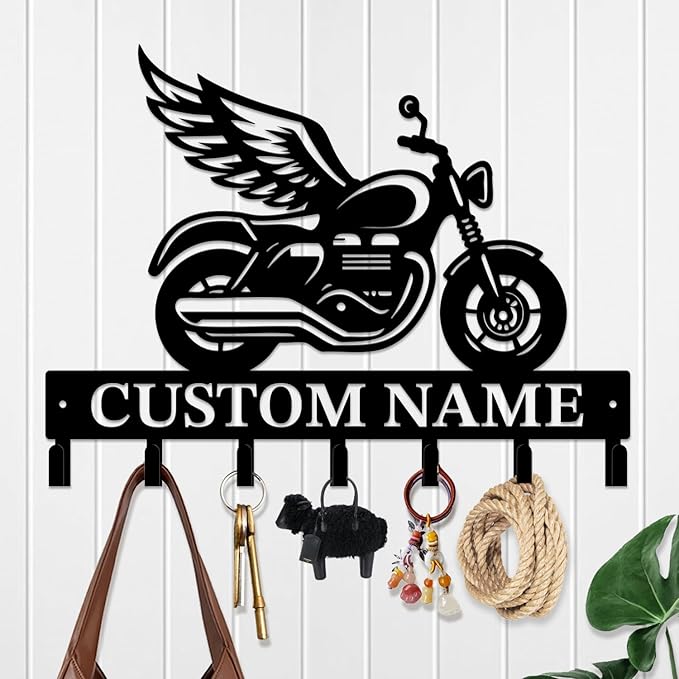 Custom Motorcycle Garage Metal Wall Hooks,Key Holder-Personalized Iron Wall Decor for Keys, Coats & Home (Black, Handmade,Decorative,Entryway, Bedroom,Man Cave) (Style A)