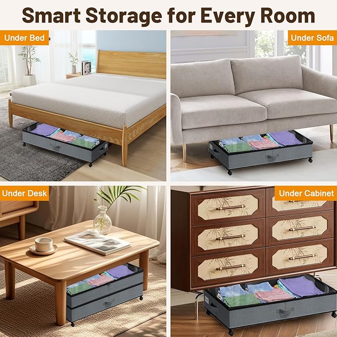 Under Bed Storage with Wheels, 2 Pack Large Capacity Storage Containers with Clear Lids & Handles, Adjustable Height 7.5”–10.6”, Under bed Organizer Bins for Shoes, Clothes, Blankets, Toys (Grey)