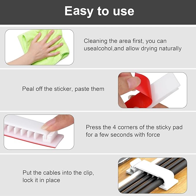 Cable Management Clips, 20Pcs Cable Organizers Wire Clips Cord Holder for TV PC Ethernet Cable Desk Home Office (White)