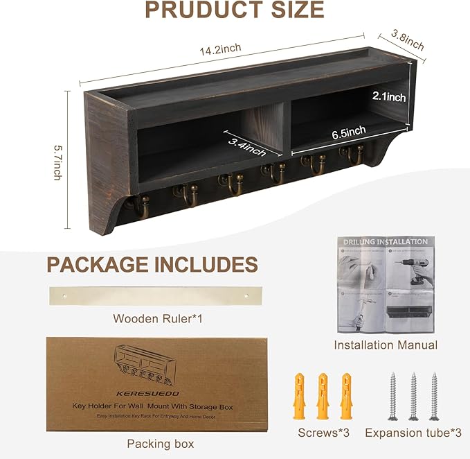 Key Holder Wall Mount - Mail Organizer Wall Mount with 6 Key Hooks and Storage Box for Sunglasses Storage and Dog Leash Holder Home Decor Rack Apartment Farmhouse Shelf Entryway Organizer (Black)