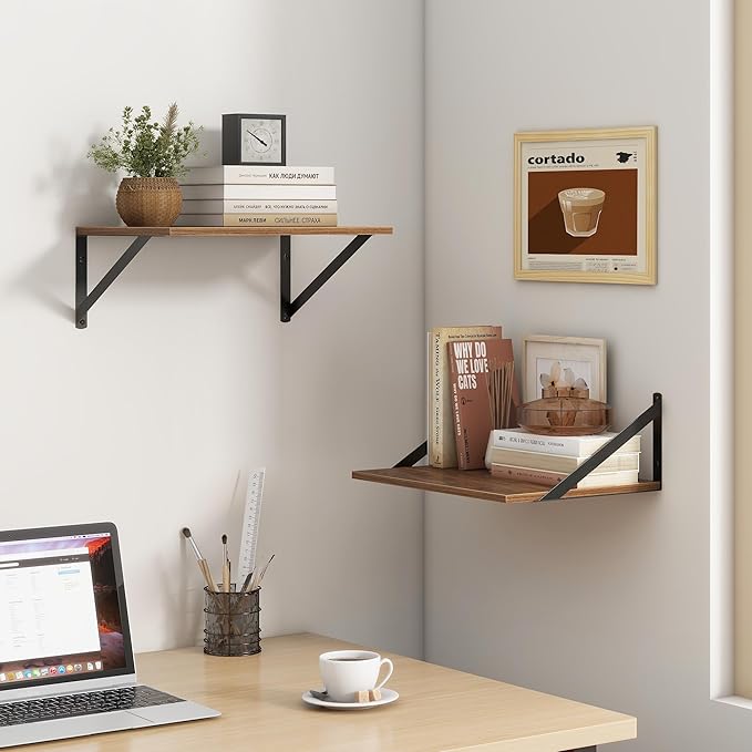 Walnut Floating Shelves Set of 2 - 16"W x 12"D Wide Display Ledges for Bedroom, Bathroom - 12 Deep Bookshelf Wall Mounted
