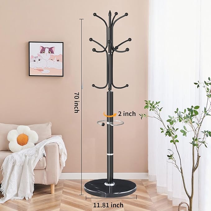 ZOZOE Metal Coat Rack Stand, Modern Coat Rack Freestanding with Natural Marble Base, Sturdy Coat Racks with 12 Hooks & Umbrella Holder,Black Coat Tree Hanger Stand for Bags,Hats,Entryway,Office