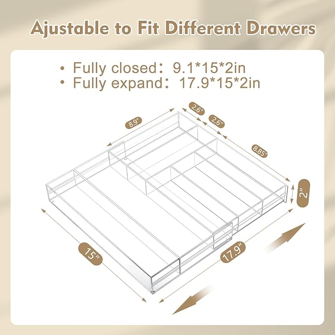 1 Pcs Acrylic Drawer Organizer 9'' up to 18'' x 15'' x 2'' Expandable Drawer Organizer Pens Notebook Ruler Makeup Tray with 7 Adjustable Compartments for Desk Office Kitchen Bathroom(Clear)