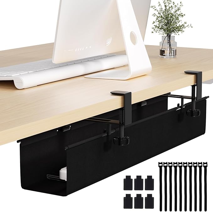 Under Desk Cable Management Tray 27.2" - No Drill Computer Wire Organizer Cable Tray, Cord Hider Clamp Mount with 16X Cable Ties PC Cables Management Cord Holder for Office/Home (Upgrade Fabric,Black)