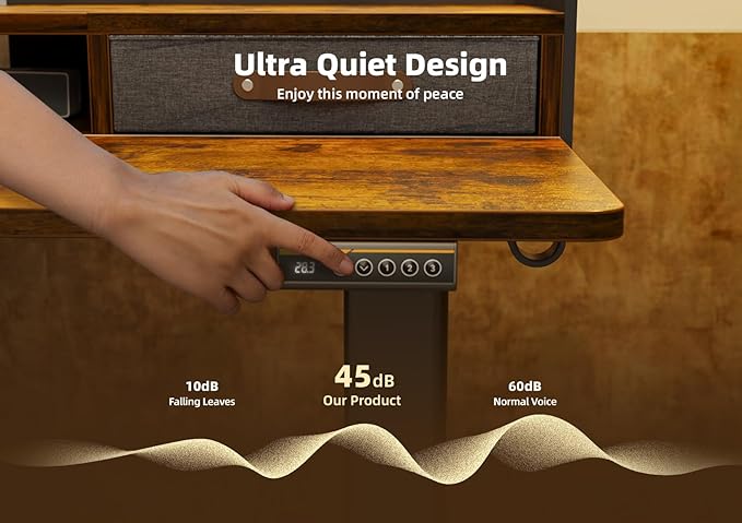 YDN Standing Desk with Drawers, 55 Inch Standing Desk Adjustable Height, Adjustable Electric Stand Up Sit Stand Small Desks with Storage and Shelf, Rustic Brown