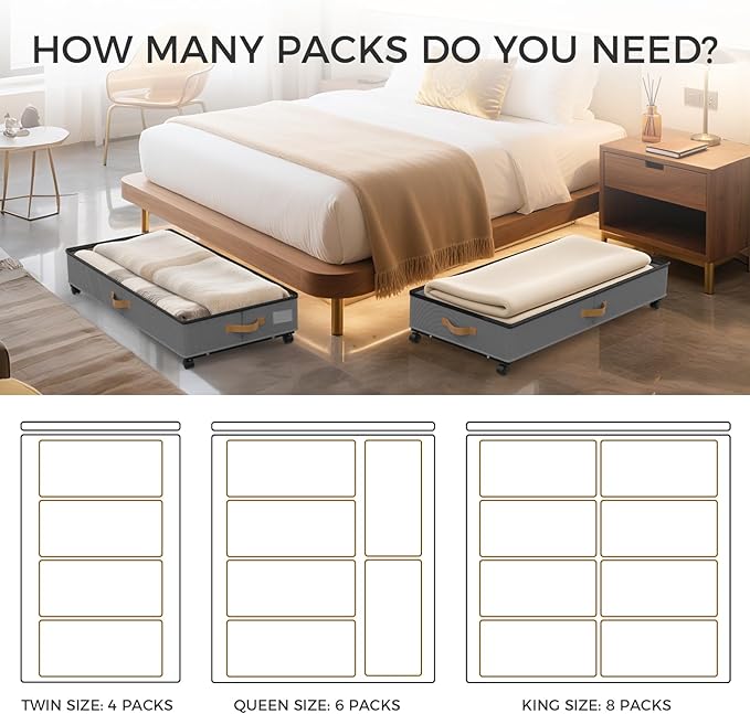 Under Bed Storage with Wheels 2-Pack, 75L XXL Under the Bed Storage Containers Large, 12" Tall Adjustable Storage for Underbed with Lids, Rolling for Shoes, Clothes, Blankets (Grey)