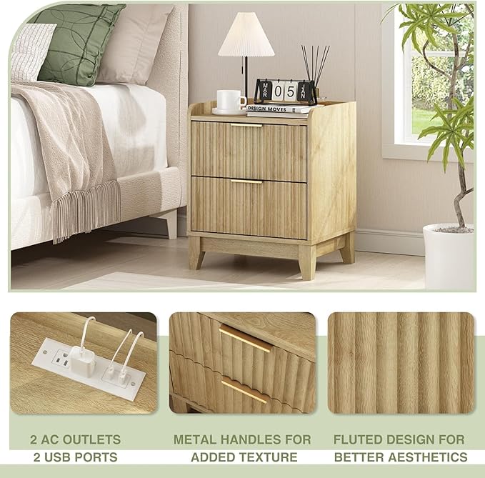 Wnutrees Fluted Nightstand with Charging Station, Modern Bedside Table with 2 Drawers, Farmhouse Wooden End Side Table for Living Room, 2Pack, Natural