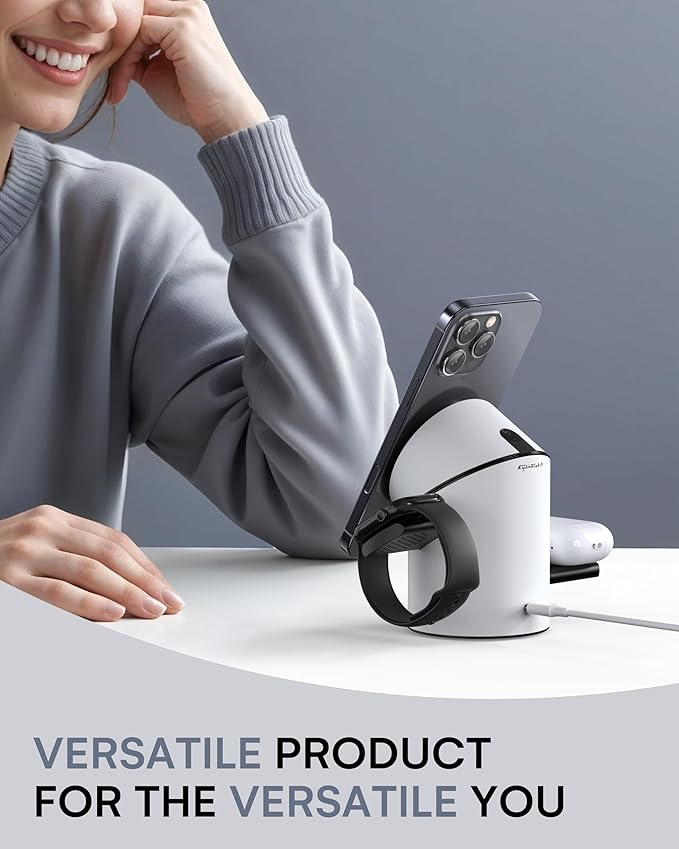 ZEEHOO 3 in 1 Charging Station for Apple Devices, Mag-Safe Charger Stand, Qi2 15W Auto-Rotating Wireless Charger for iPhone 17 16/15/14/13/12 Series& AirPods& iWatch(White)