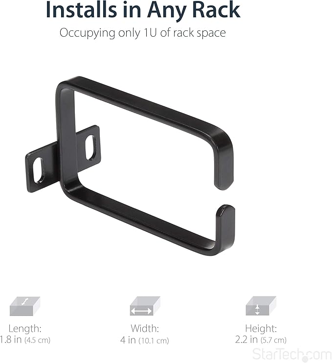 StarTech.com 1U Vertical 2.2 x 3.9in Server Rack Cable Management D-Ring Hook w/Flexible Opening - Network Rack-Mount Cord Organizer Ring (CMHOOK1U),Black (Pack of 2)