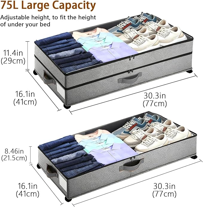 Under Bed Storage with Wheels, 90L XXL Underbed Storage with Wheels Large, 11" Tall Dorm Adjustable Shoe Organizer Under Bed Containers Bins with Lid for Clothes, Shoes, Blankets, Books, Grey
