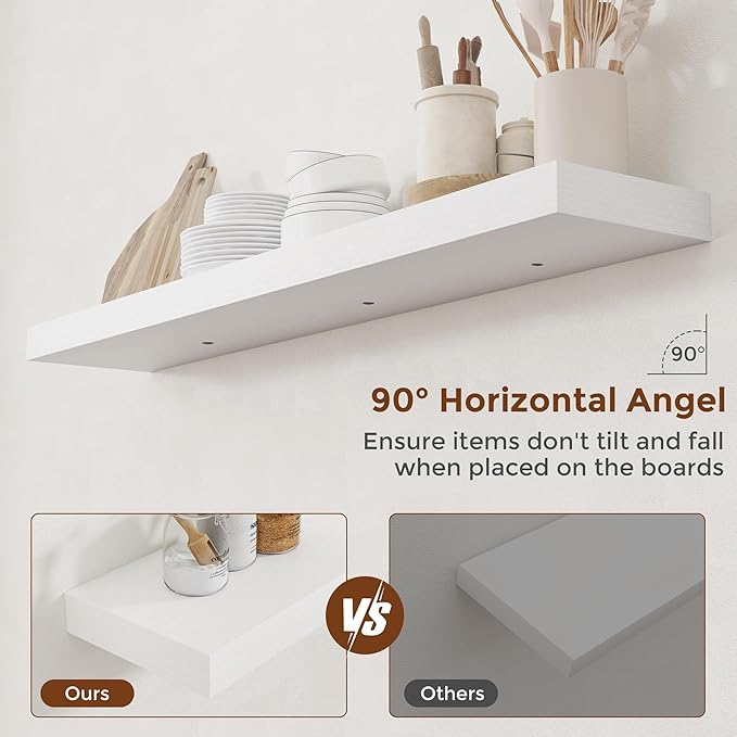 Heimlove 48 Inch Floating Shelves for Wall 8 Inch Deep White Shelves Set of 2,Wall Mounted Rustic Wood Long Floating Shelf，Large Display & Storage Shelf with Invisible Brackets