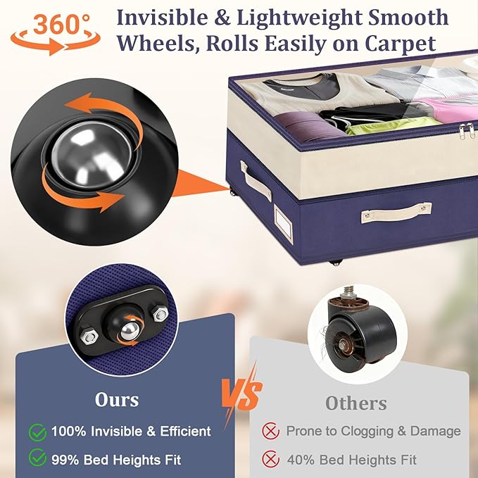 Dolicer 4 Pack Under Bed Storage with Wheels, 6in-10in Height Adjustable Underbed Storage Containers, 92L XXXL Under Bed Drawers Rolling Bin with Clear Lids for Dorm Shoes Clothes Organizers(Blue)