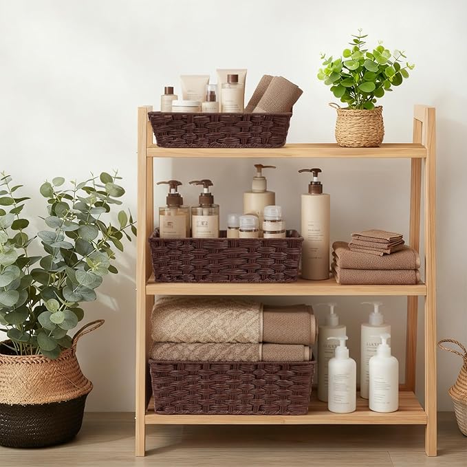 Set of 3 Large Wicker Storage Baskets for Shelves, Wicker Basket for Organizing, Waterproof Woven Baskets for Shelves and Pantry, Toilet, Bathroom, Bedroom, Patio(Brown)