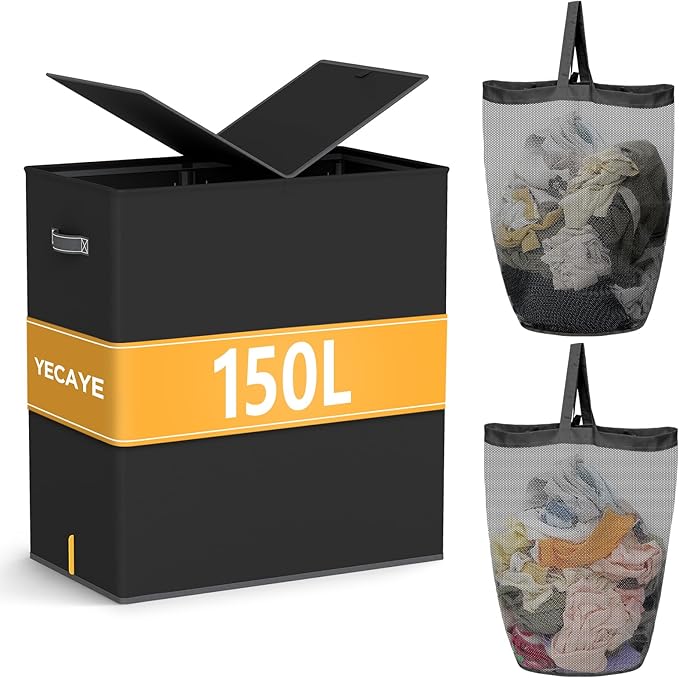 YECAYE 150L Extra Large Laundry Hamper with Lid – Foldable Double Laundry Hamper with Removable Liner – 2 Section Clothes Basket, Dirty Clothes Basket for Bedroom, Bathroom, Laundry Room,Black