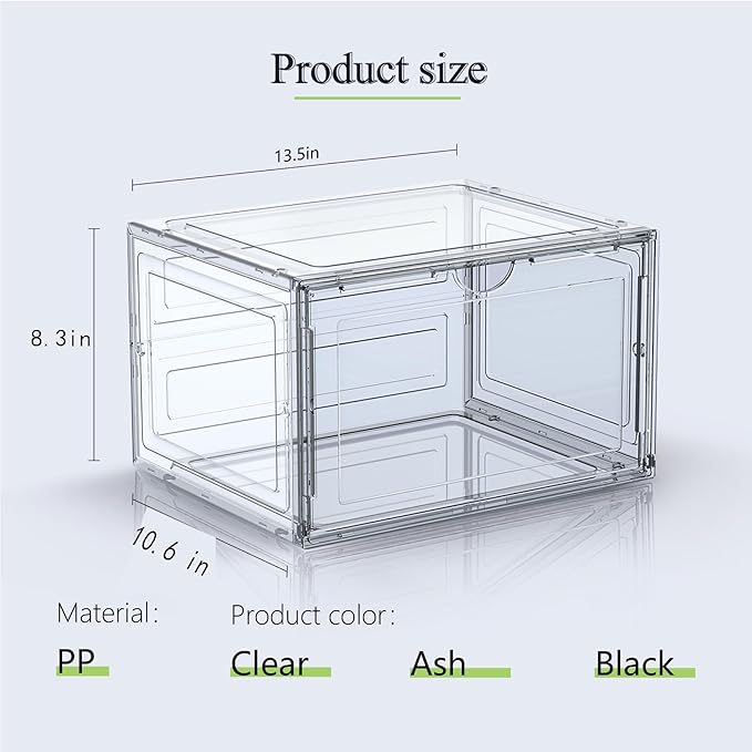 XL Shoe Storage Box,8 Pack Drop Side Shoe Boxes Clear Plastic Stackable,Sneaker Display Case with Magnetic Door Fit up to US 13（13.4”x 10.6”x 8.3”(8 Pack Clear)