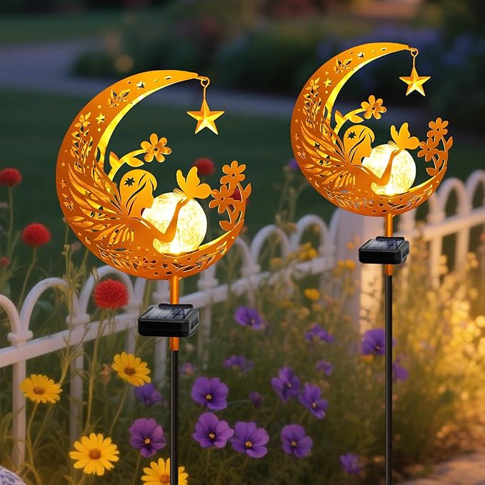 YJFWAL Garden Solar Fairy Lights Pathway Stake Lights Glass Globe with Moon Cat Decor, Christmas Gift for Mom Grandma Friends, Outdoor Decor Light Waterproof for Walkway, Patio or Garden (Warm White)