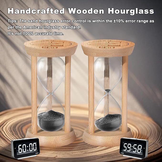 10 Minute Wooden Sand Timers, Bamboo Black Sand Hourglass for Productivity, Meditation & Decor, 10 Min Reloj De Arena for Kitchen, Office, Yoga, Game, Classroom