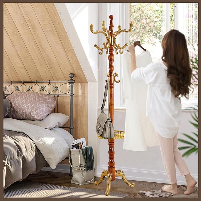 Wooden Coat Rack Freestanding, Vintage Coat Racks with Sturdy Round Base, Adjustable Height 37.40"-72.83" Entrance Coat Rack for Bedroom Living Room Entryway (Begonia Upgraded version)