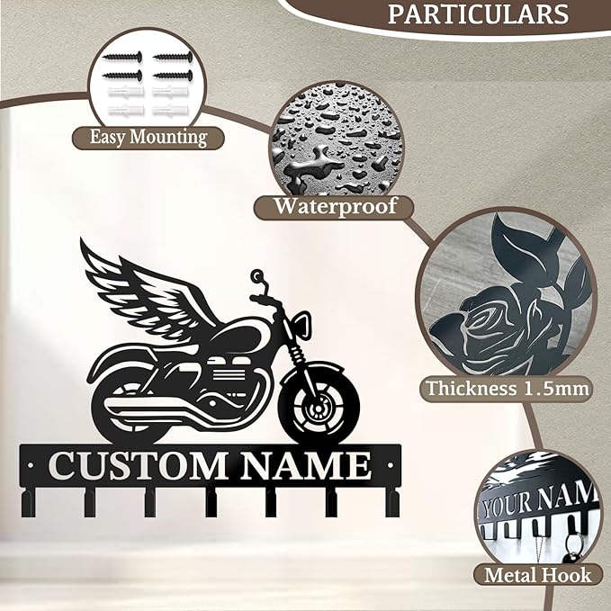 Custom Motorcycle Garage Metal Wall Hooks,Key Holder-Personalized Iron Wall Decor for Keys, Coats & Home (Black, Handmade,Decorative,Entryway, Bedroom,Man Cave) (Style A)