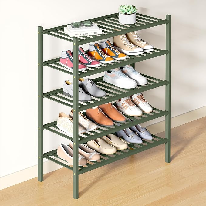 Smiry Bamboo Shoe Rack for Closet, 5 Tier Wooden Stackable Shoe Organizer, Free Standing Shoes Storage Shelf for Entryway, Front Door Entrance, Green