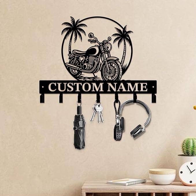 Custom Motorcycle Garage Metal Wall Hooks,Key Holder-Personalized Iron Wall Decor for Keys, Coats & Home (Black, Handmade,Decorative,Entryway, Bedroom,Man Cave) (Style I)