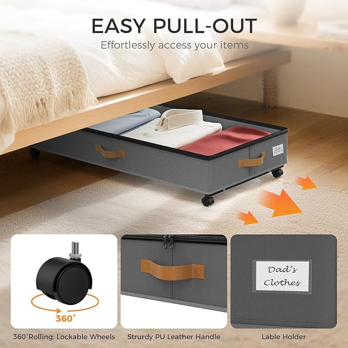 Under Bed Storage with Wheels 4-Pack, 75L XXL Under the Bed Storage Containers Large, 12" Tall Adjustable Storage for Underbed with Lids, Rolling for Shoes, Clothes, Blankets (4PCS-Grey)