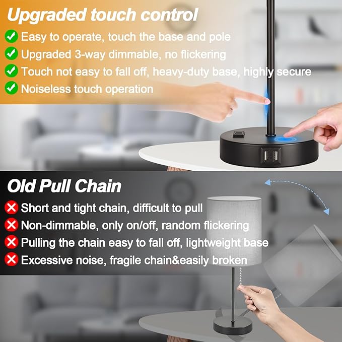 【Upgraded】Set of 2 Touch Beige Table Lamps with 2 USB Ports & AC Outlet, 3-Way Dimmable Bedside Nightstand Lamps for Living Room Nursery Office Bedroom, 800 Lumens 2700K Warm Bulbs Included