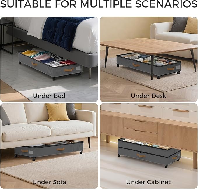 Under Bed Storage with Wheels 2-Pack, 75L XXL Under the Bed Storage Containers Large, 12" Tall Adjustable Storage for Underbed with Lids, Rolling for Shoes, Clothes, Blankets (Grey)