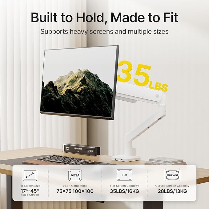 monTEK Single Monitor Arm with USB for Max 45 Inch Ultrawide Screens Adjustable Monitor Desk Mount Holds 35 Lbs Cable Management with C Clamp/Grommet Desk Mount, VESA 75/100mm, MA1007UCWH