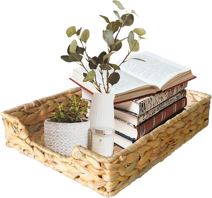 1 Pc A4 File Tray, Natural Water Hyacinth Desk Basket, Wicker Paper Tray File Basket for Desk Organizer, Woven Letter Size Documents Trays for Office,Toilet Tank Organizer