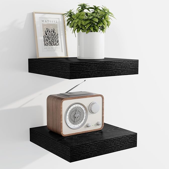 Marsmiles 6.7" Floating Shelves for Wall, Wooden Shelves with Invisible Brackets Set of 2, Rustic Farmhouse Wall Mounted Shelf for Kitchen Bathroom Living Room Study, Black