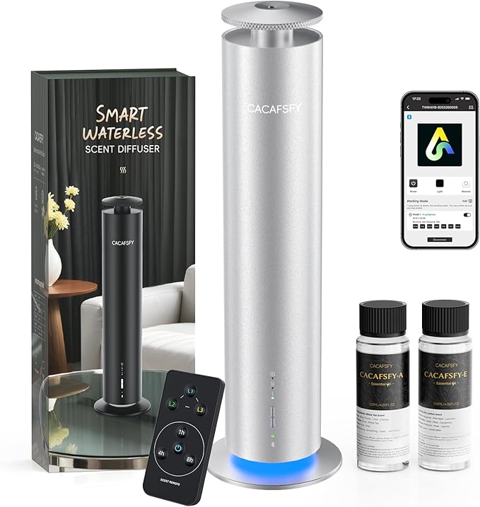 The CACAFSFY Waterless Scent Diffuser Starter Kit - 1000 Sq Ft Coverage, Hotel Scent Diffuser, Essential Oil Diffuser Large Room, Included 2x120ml Scent Oils, Remote Control,Cold Air Diffuser