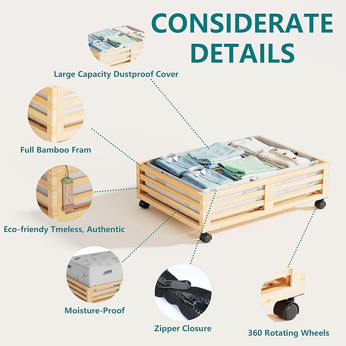 Bamboo Under Bed Storage Containers- Underbed Organizer with Wheels with Large Capacity Dust Bag,Sturdy Wood Rolling Under Bed Shoe Storage Organizer 2 Packs (Nature, 2 Packs (23.62"×16.54"))