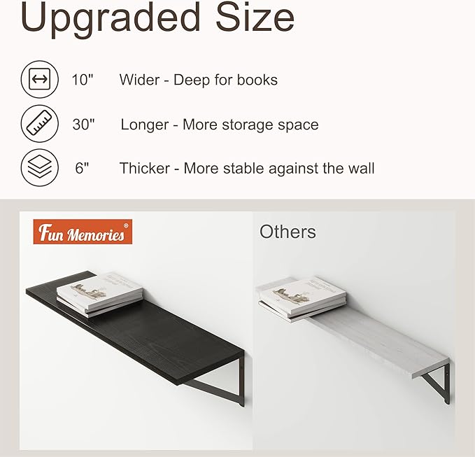 10 Inch Deep Floating Shelves, Black Floating Shelves 30 Inch Long, Rustic Wood Wall Shelves 30"W x 10"D, Deep Floating Shelf with Bracket, Wide Storage Shelves for Books, Living Room, Bathroom