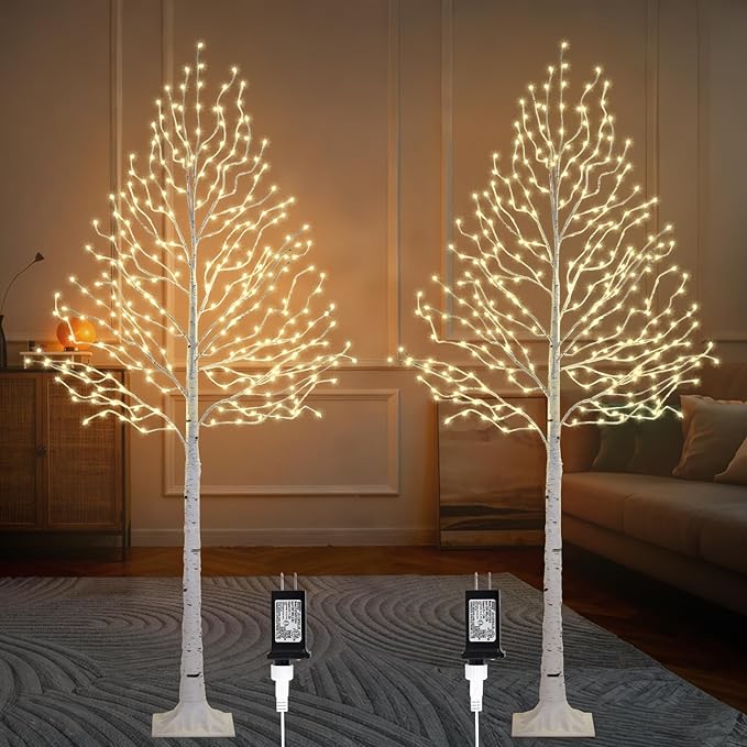 6FT Lighted Twig Birch Tree with Fairy Lights, 260 LED Birch Tree Lights with Timer for Indoor Outdoor Home Bedroom Party Christmas Decoration, Plug in, 2Pack